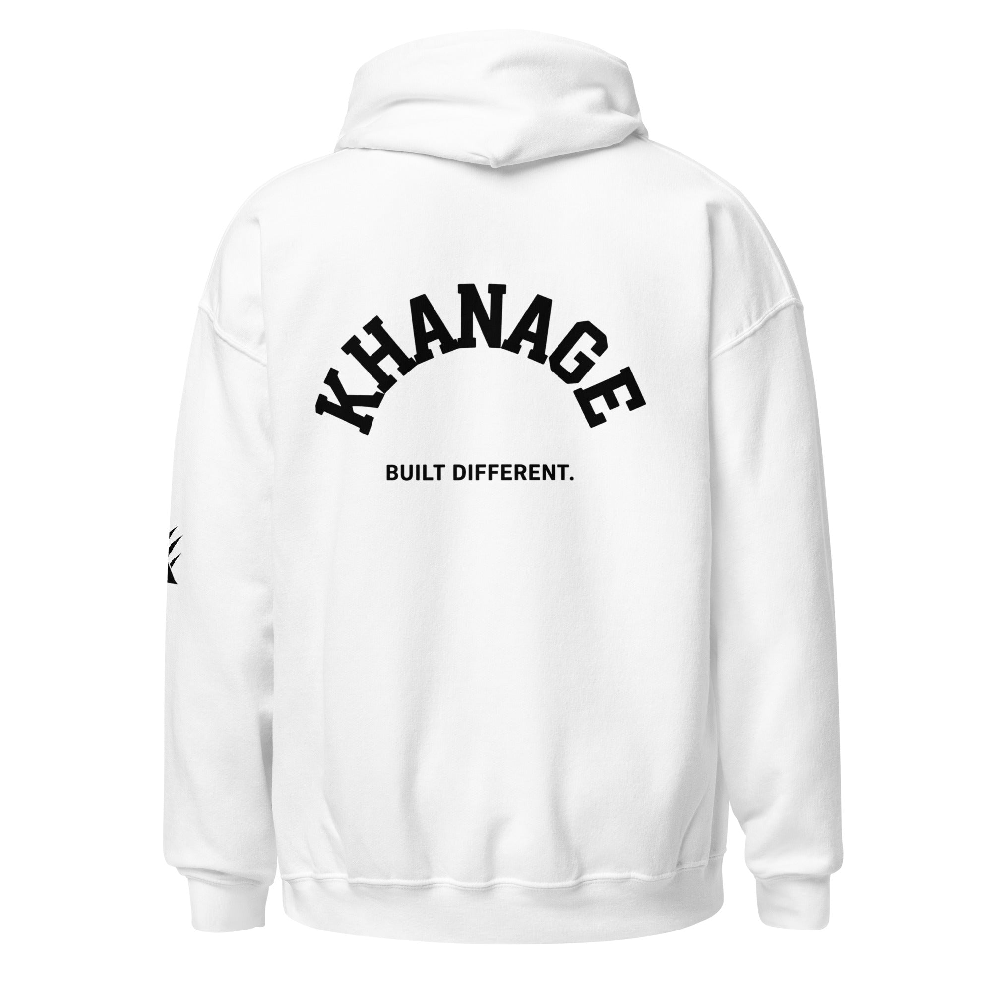 Rear view of KHANAGE Collective Built Different premium hoodie